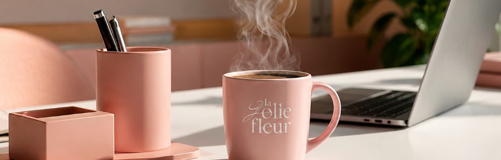 Bedrukte mok als relatiegeschenk op moderne werkplek