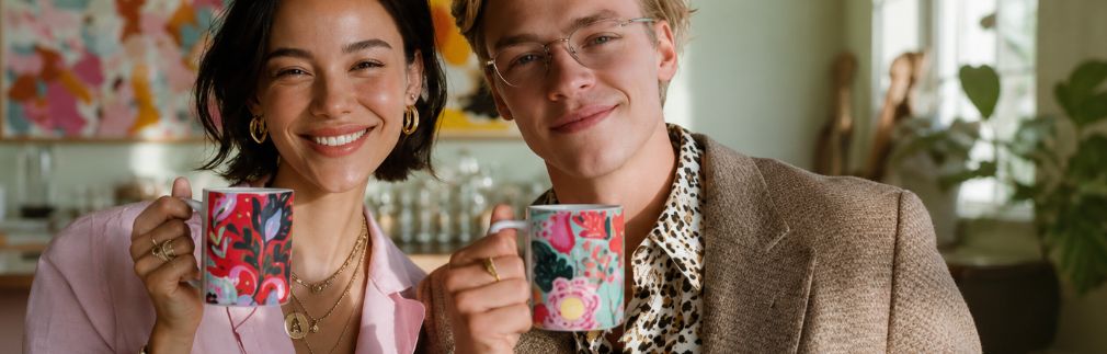 Collega’s met bedrukte mokken tijdens koffiemoment